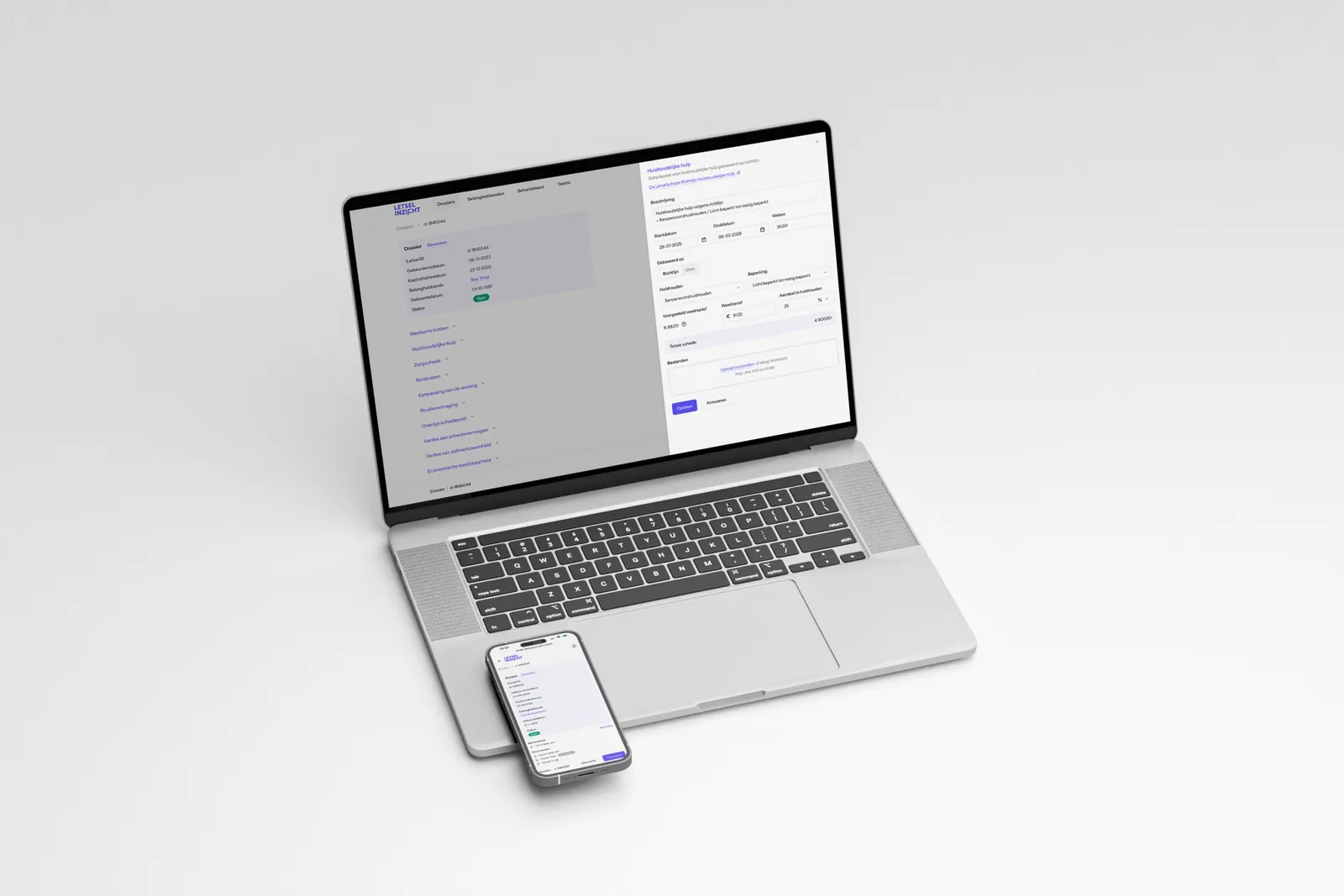 Letselinzicht op laptop en telefoon: schadeposten per dossier, berekend volgens de richtlijn