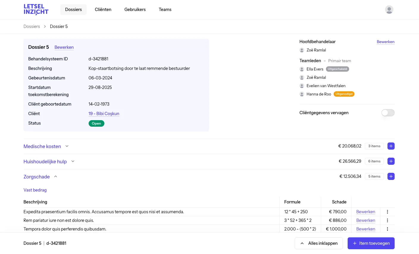 Het dossieroverzicht in Letselinzicht